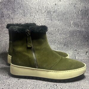 Aquatalia Alison Olive Green Suede Ankle Boots with Black Fur Trim